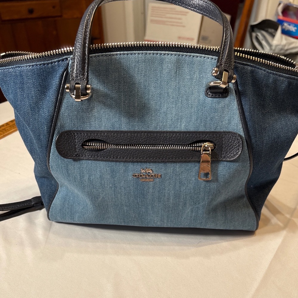 Coach Prairie Satchel Denim Colorblock Leather Handbag Blue Navy 91094